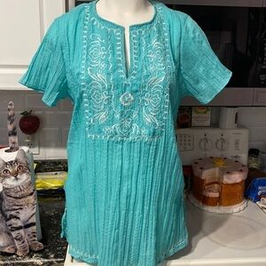 L womens Mystique Aura casual turquoise short sleeve stretch plus size top 1X